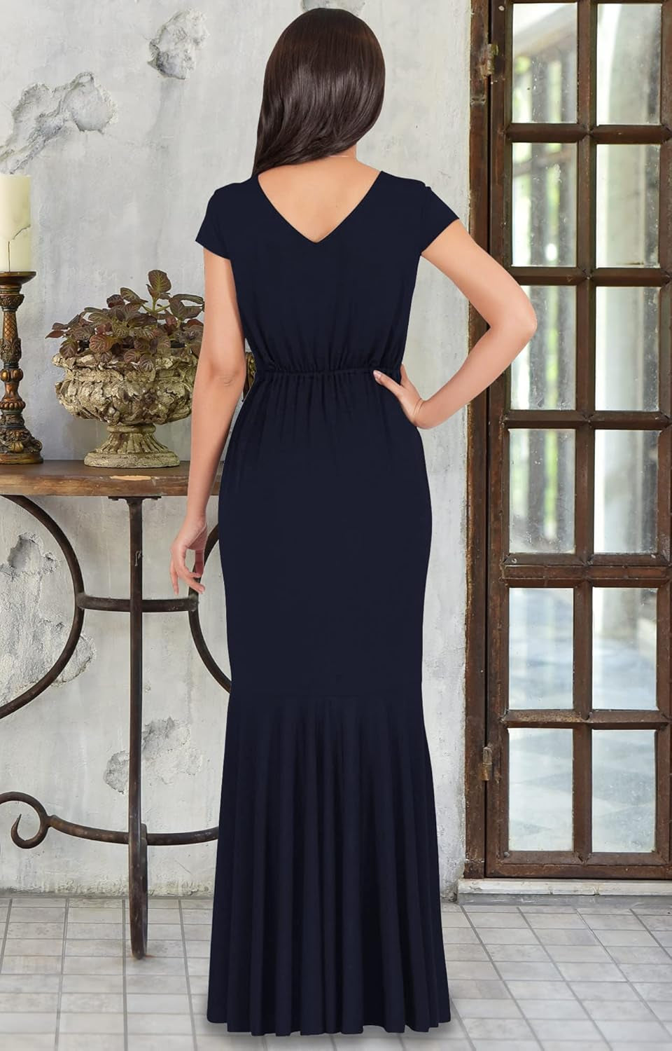 Womens Long Cap Sleeve Elegant Formal Sexy Evening Cocktail Maxi Dress