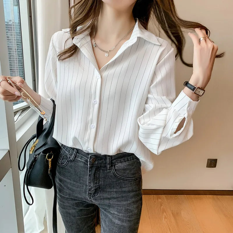 Fashion Woman Blouses 2025 Chiffon Long Sleeve Shirt Tops Woman White Blouse Shirts Striped Top Pretty and Cheap Women'S Blouses