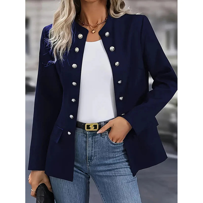 Women Open Front Mock Neck Double Breasted Long Sleeve Blazer Business Jacket