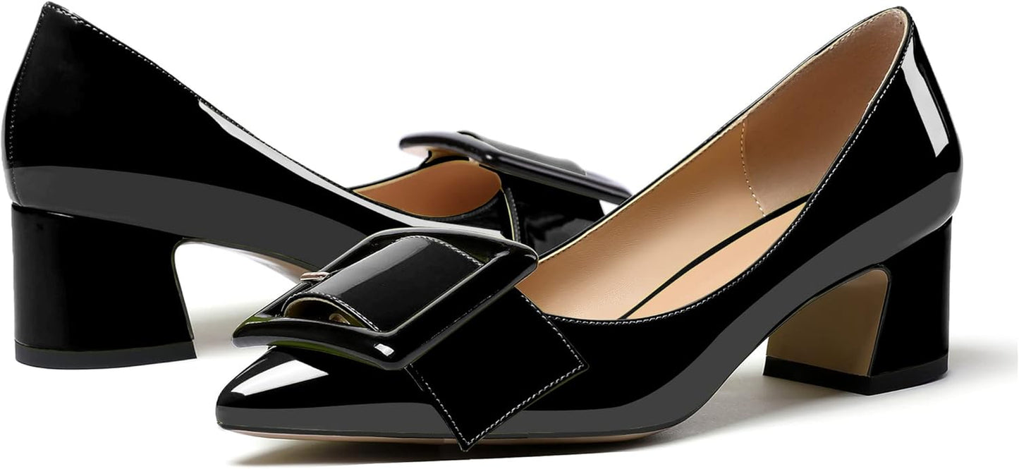 Pointed Toe Pumps,Classy 2 Inches Block Heel Chic Pumps, Confort Buckle Heel for Office Wedding Dress