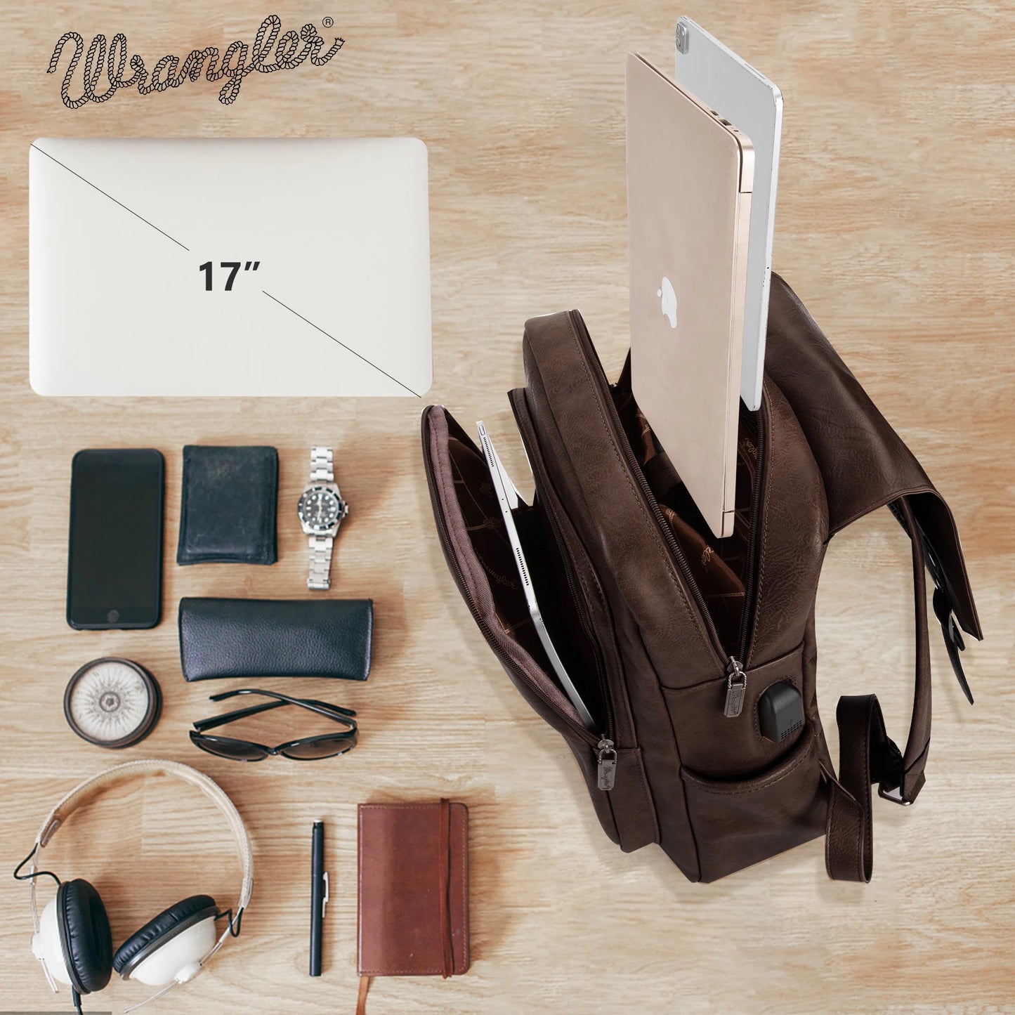 Wrangler Leather Backpack Purse for Women Laptop Backpack Fashion Pink Backpack, Coffee