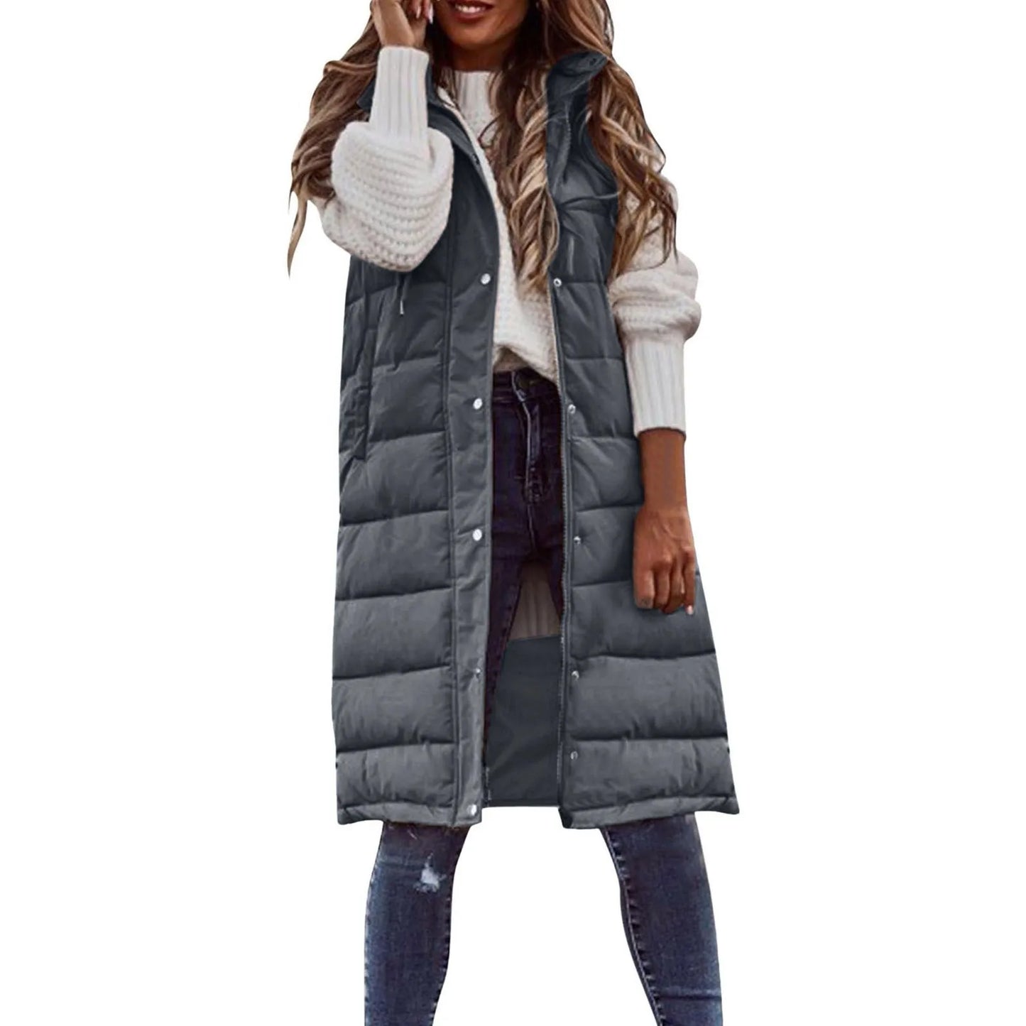 Women'S Long Coat Vest with Hood Autumn Winter Sleeveless Warm Cotton down Coat Waistcoat Quilted Vest down Jacket Outwear 5XL