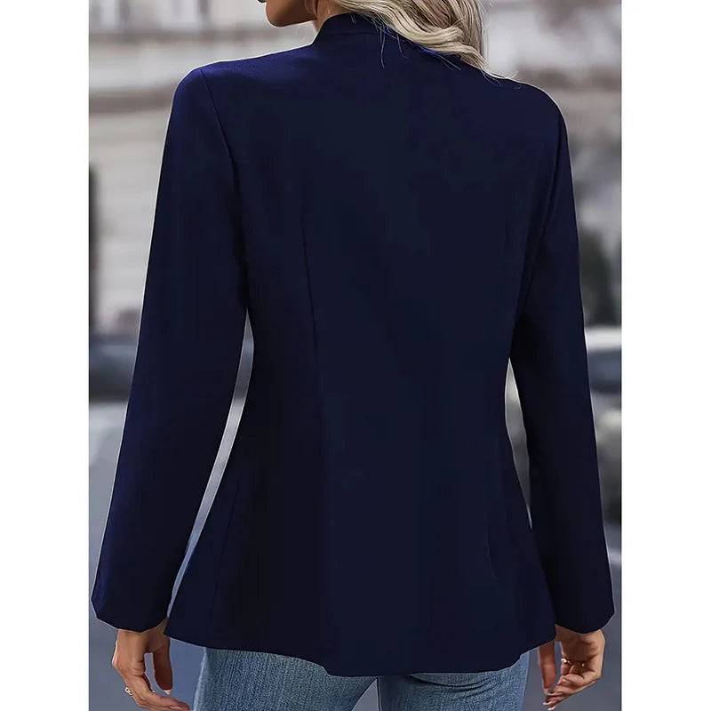 Women Open Front Mock Neck Double Breasted Long Sleeve Blazer Business Jacket