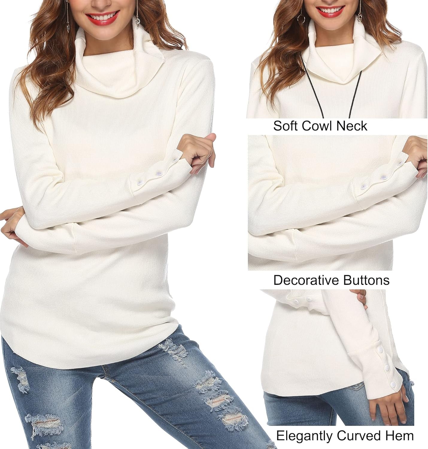 Women Cowl Neck Sweaters Turtleneck Long Sleeve Lightweight Knit Stretchable Loose Fit Sweater Pullover Warm Tops