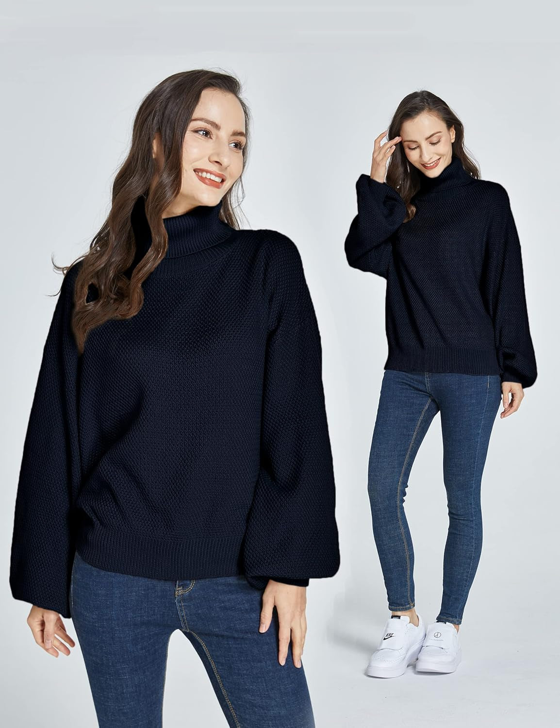 -Oversized-Sweaters-For-Women-Turtleneck Sweaters Drop Shoulder Pullover Knit Long Lantern Sleeve Casual