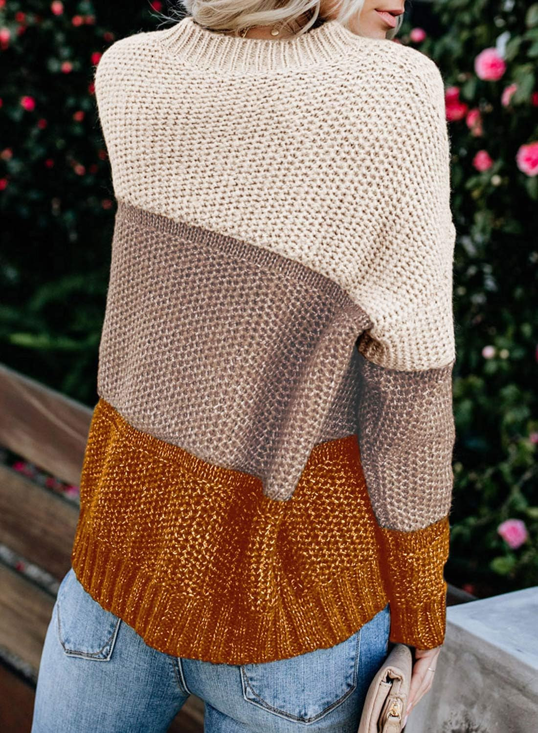 Womens Color Block Crew Neck Knit Sweater Long Sleeve Loose Pullover Jumper Tops Yellow S