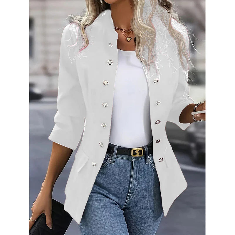 Women Open Front Mock Neck Double Breasted Long Sleeve Blazer Business Jacket