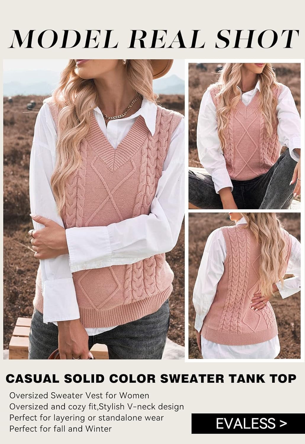 Oversized Sweater Vest for Women V Neck Sleeveless Solid Color Loose Pullover Sweater