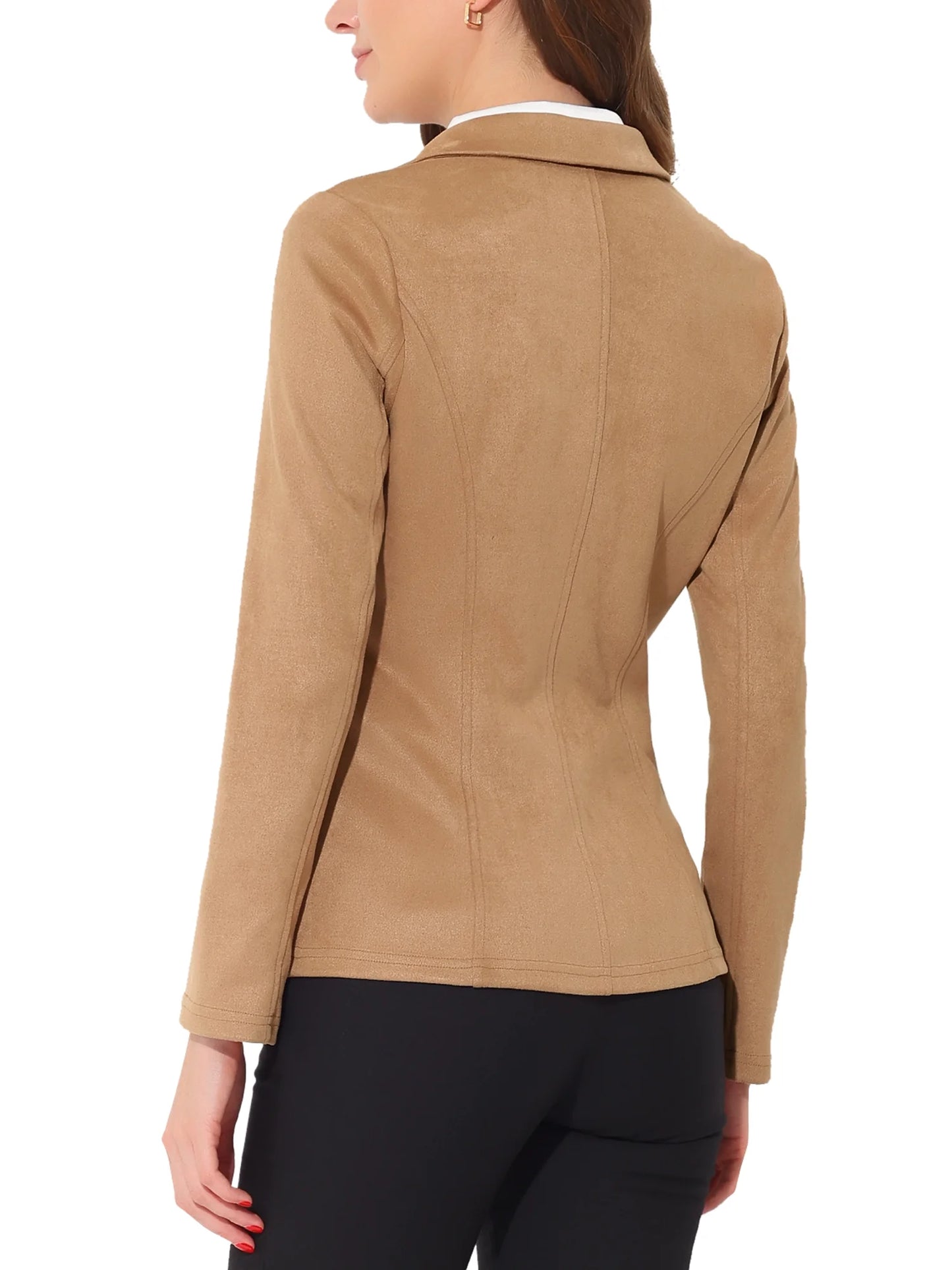 Faux Suede Casual Blazer for Women'S Lapel Collar Long Sleeve Work Office Jacket L Khaki