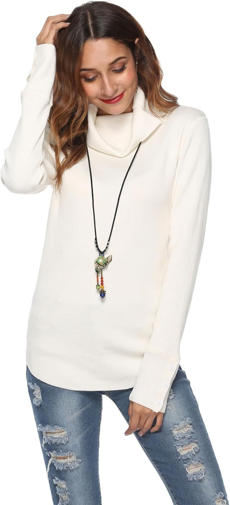 Women Cowl Neck Sweaters Turtleneck Long Sleeve Lightweight Knit Stretchable Loose Fit Sweater Pullover Warm Tops