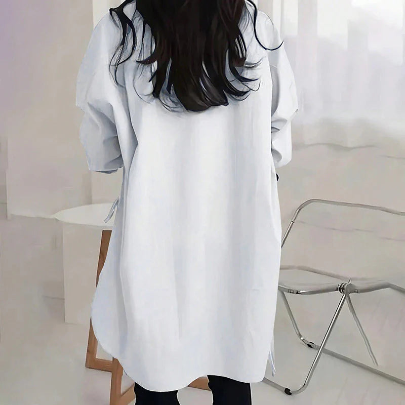 Women Casual Solid Color Loose Long Sleeve Side Slit Tie Button Shirt