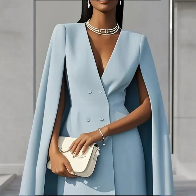 Women Elegant Solid Color V-Neck Double-Breasted Cape Suit Skirt Party Banquet Dress