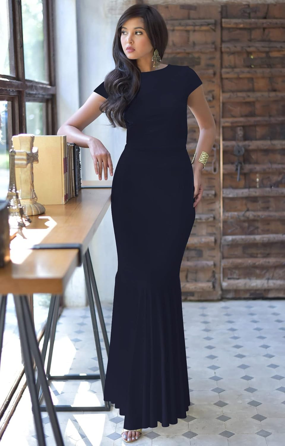 Womens Long Cap Sleeve Elegant Formal Sexy Evening Cocktail Maxi Dress