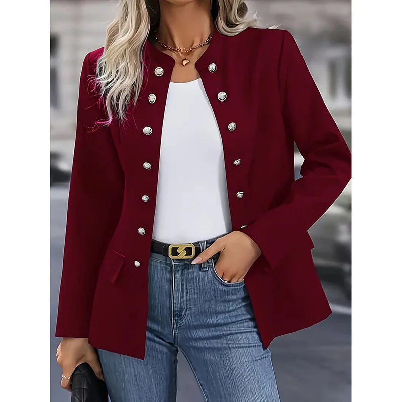 Women Open Front Mock Neck Double Breasted Long Sleeve Blazer Business Jacket