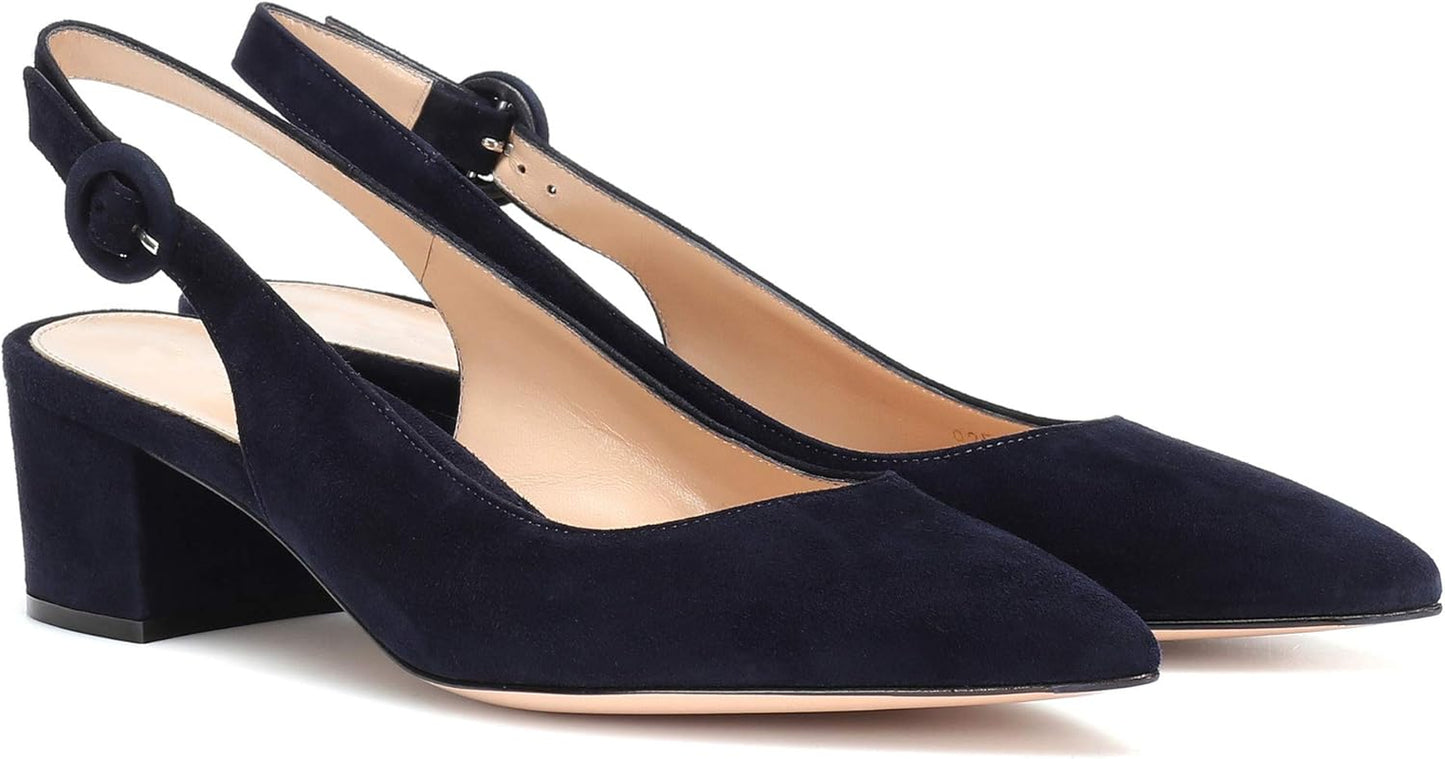 Women'S Pointed Toe Pumps Slingback Block Heels Ankle Straps Chic Office Dress Shoes 2 Inches