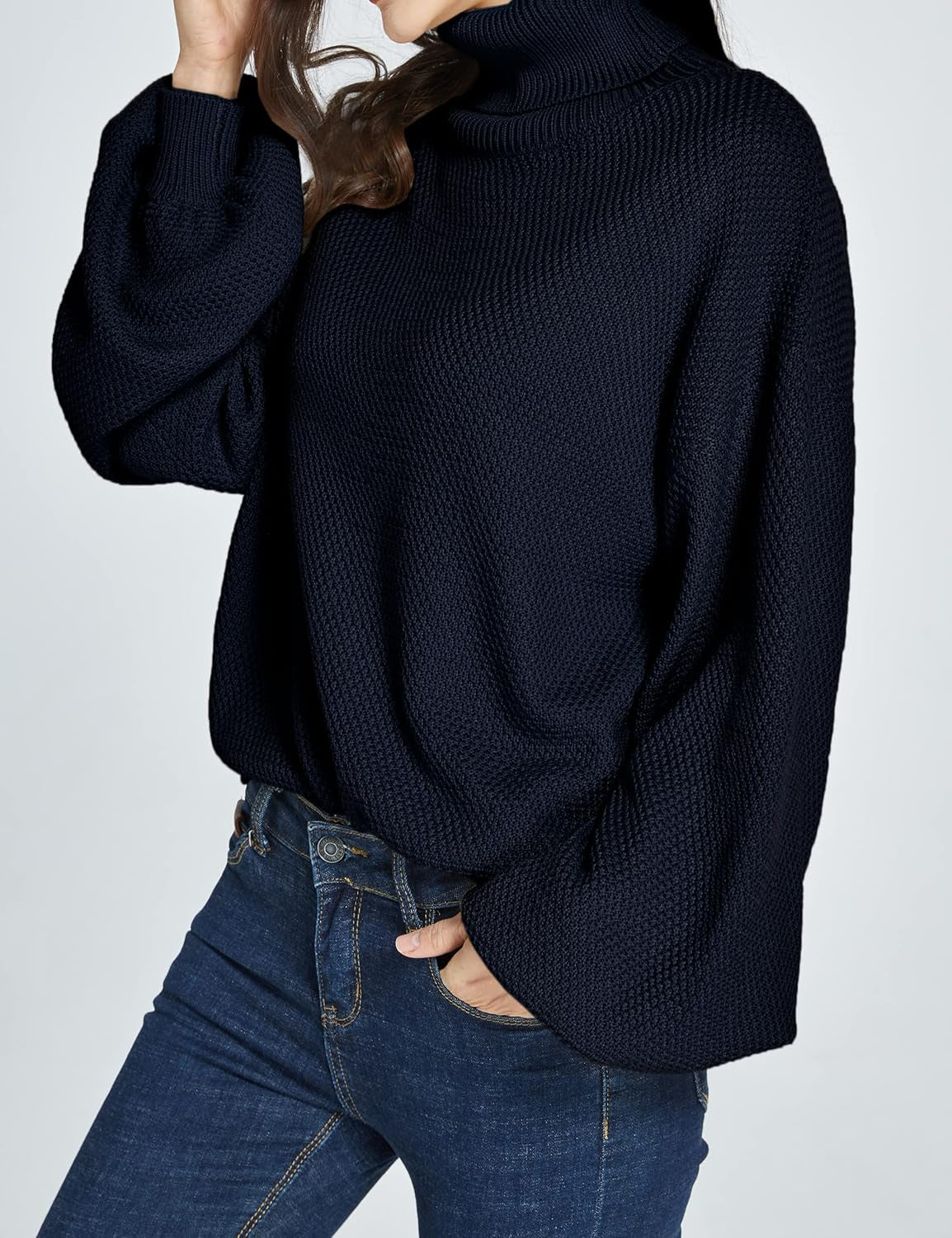 -Oversized-Sweaters-For-Women-Turtleneck Sweaters Drop Shoulder Pullover Knit Long Lantern Sleeve Casual