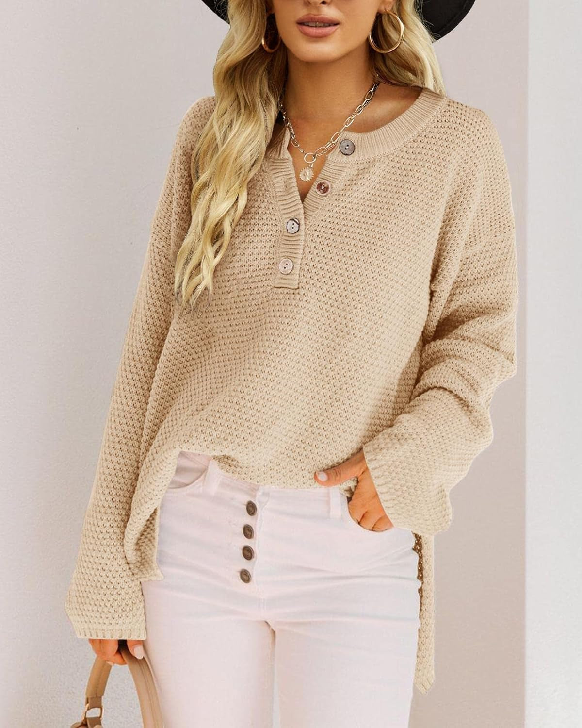Women'S Oversized Sweaters Batwing Long Sleeve Loose V Neck Button Henley Tops Pullover Knit Jumper