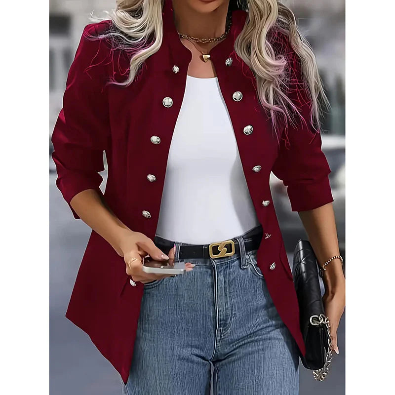 Women Open Front Mock Neck Double Breasted Long Sleeve Blazer Business Jacket