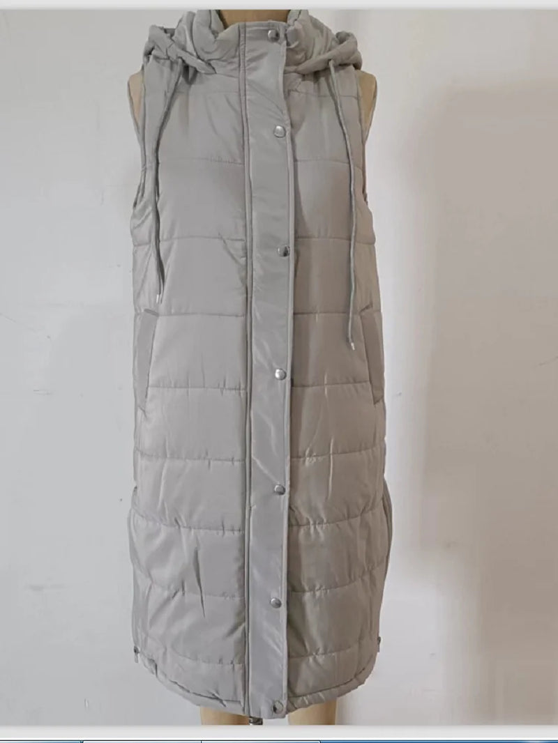 Women'S Long Coat Vest with Hood Autumn Winter Sleeveless Warm Cotton down Coat Waistcoat Quilted Vest down Jacket Outwear 5XL