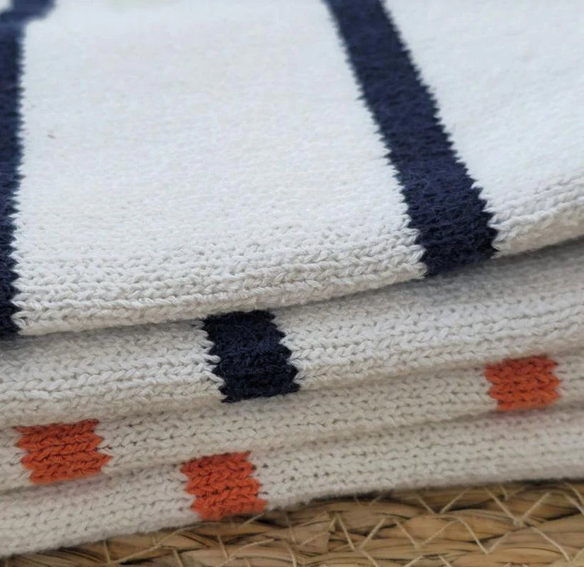 Women Fashion Casual Lapel Short Sleeve Button Navy Blue Striped Sleeve Knitted Cardigan