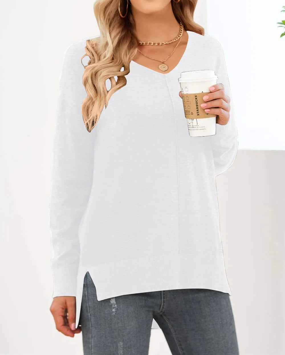 V Neck Sweaters for Women Fall Lightweight Knit Pullover Sweater Side Slits Tops