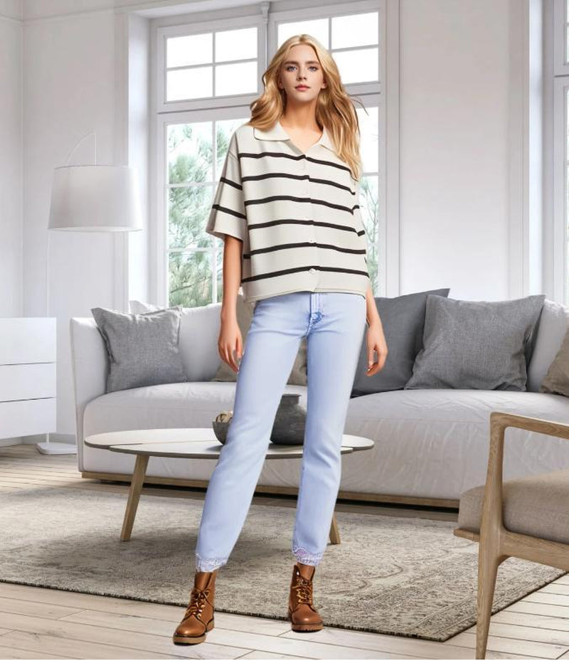 Women Fashion Casual Lapel Short Sleeve Button Navy Blue Striped Sleeve Knitted Cardigan