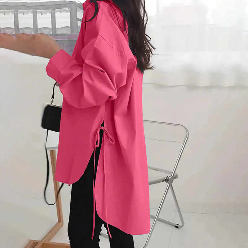 Women Casual Solid Color Loose Long Sleeve Side Slit Tie Button Shirt