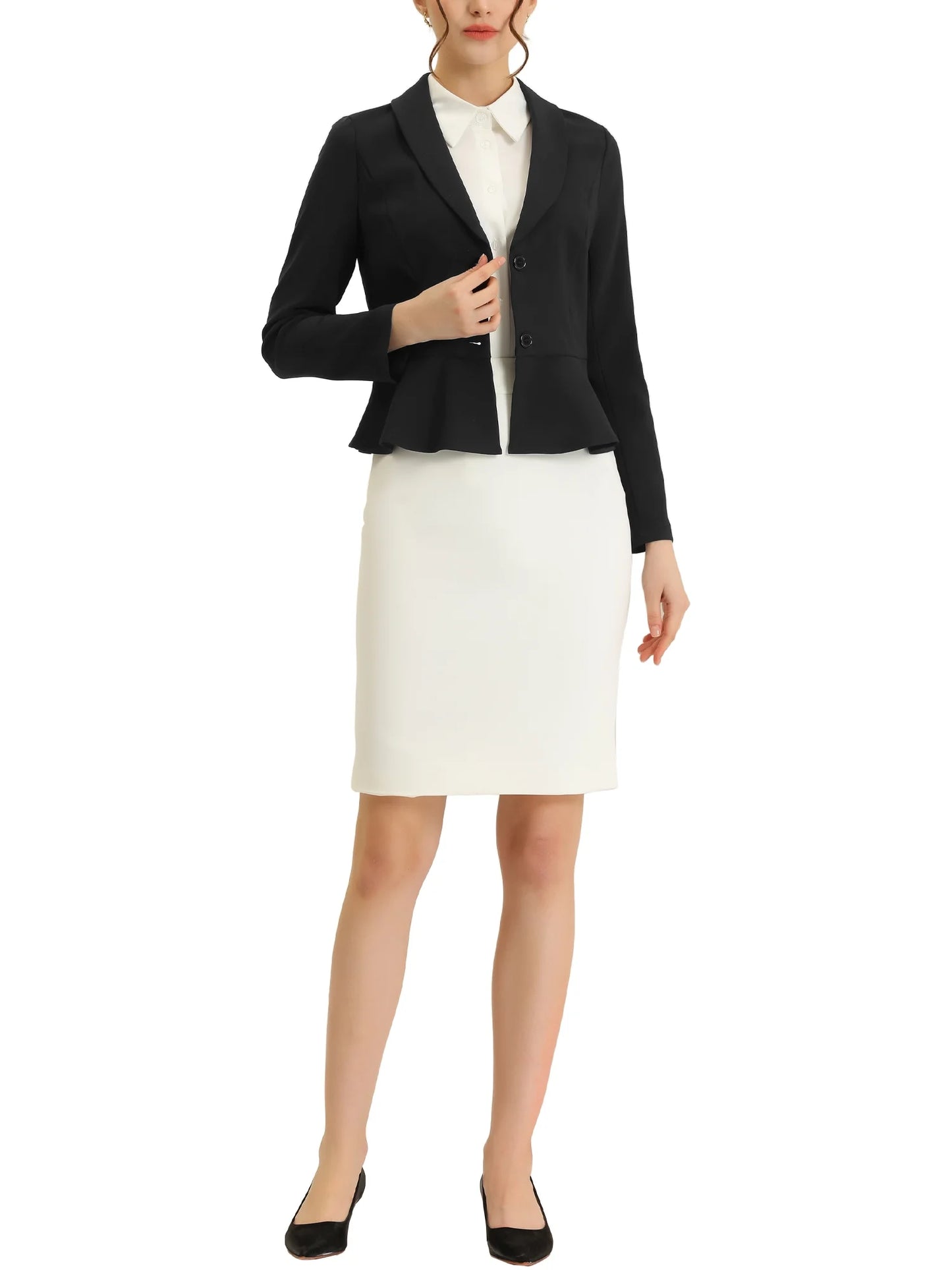 Work Short Blazer for Women'S Lapel Collar Long Sleeve Ruffle Casual Office Jacket M Black