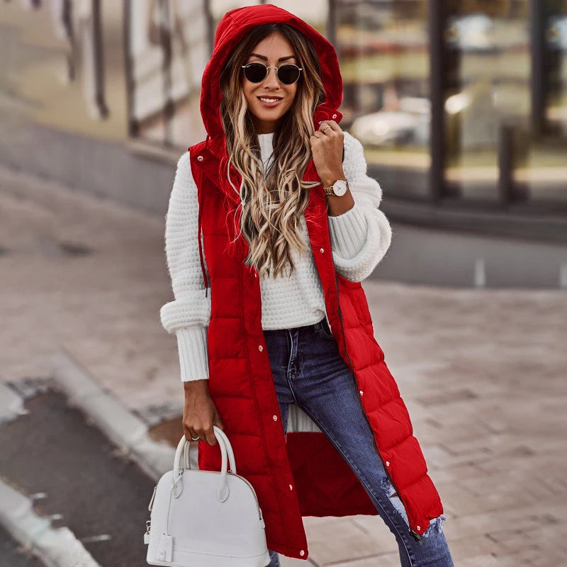 Women'S Long Coat Vest with Hood Autumn Winter Sleeveless Warm Cotton down Coat Waistcoat Quilted Vest down Jacket Outwear 5XL