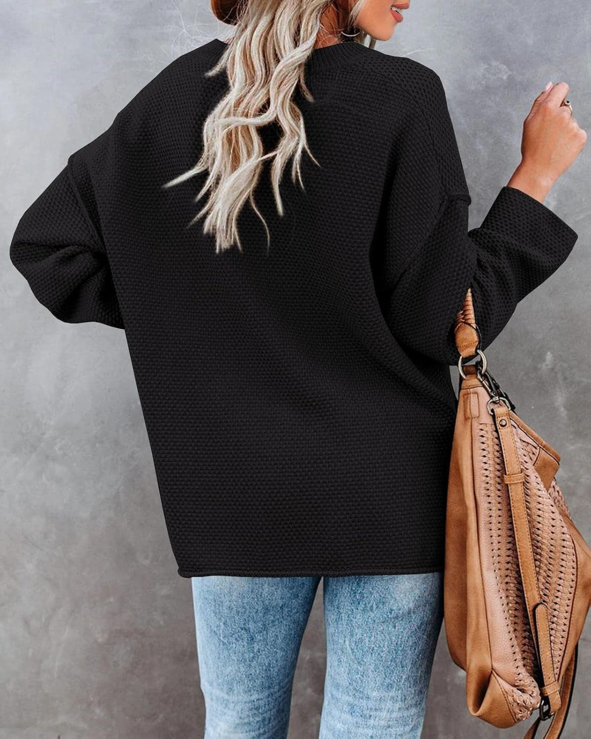 Women'S Oversized Sweaters Batwing Long Sleeve Loose V Neck Button Henley Tops Pullover Knit Jumper