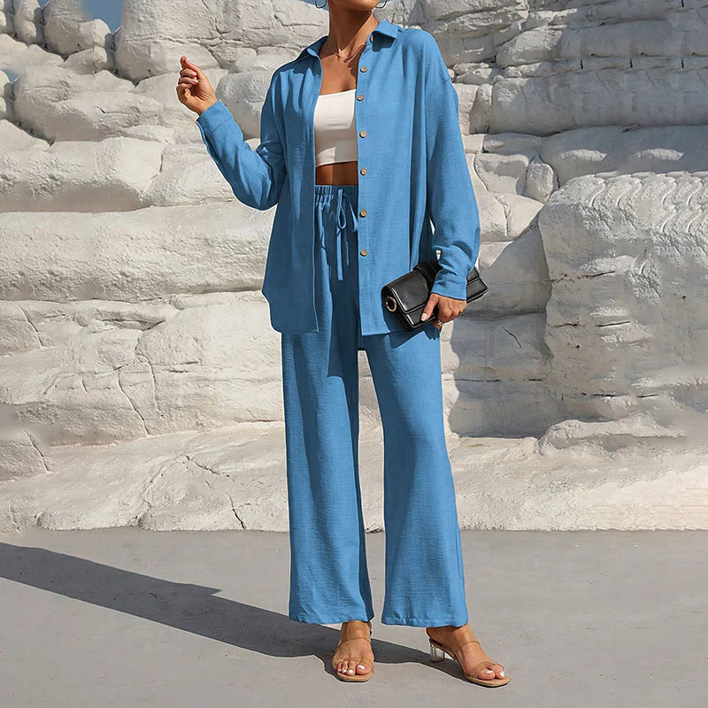 Women Solid Color Lapel Long Sleeve Pants Set - Button-Up Casual Two-Piece Outfit with Drawstring Waist, Spring&Fall Lounge Wear