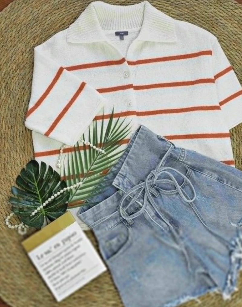 Women Fashion Casual Lapel Short Sleeve Button Navy Blue Striped Sleeve Knitted Cardigan