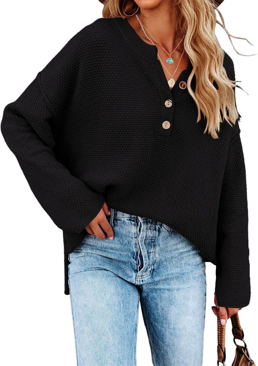 Women'S Oversized Sweaters Batwing Long Sleeve Loose V Neck Button Henley Tops Pullover Knit Jumper