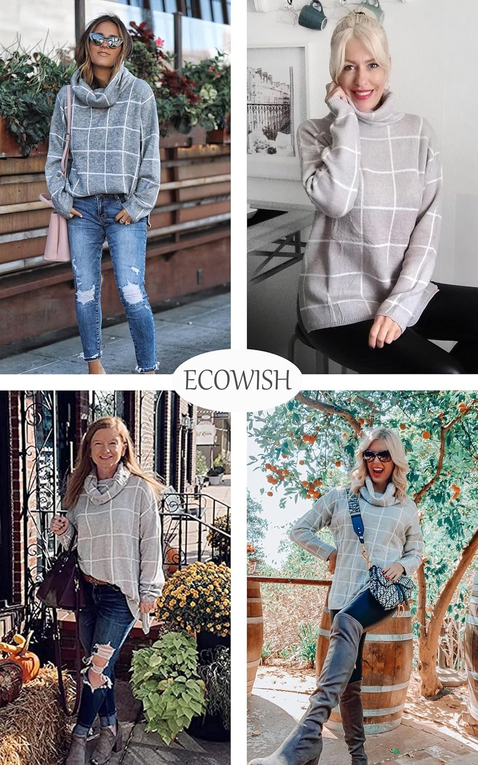 Women Fall Pullover Sweater Turtleneck Plaid Long Sleeve Loose Casual Chunky Checked Knit Winter Sweaters Jumper Tops