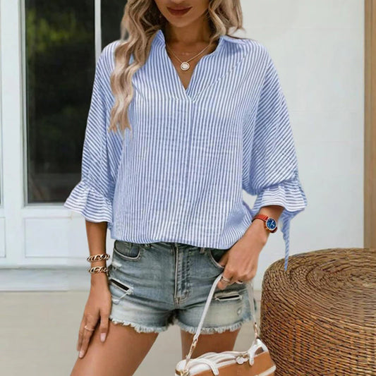 Women V-Neck Striped Shirt with Ruffled Cuffs, Tie and Back Slits