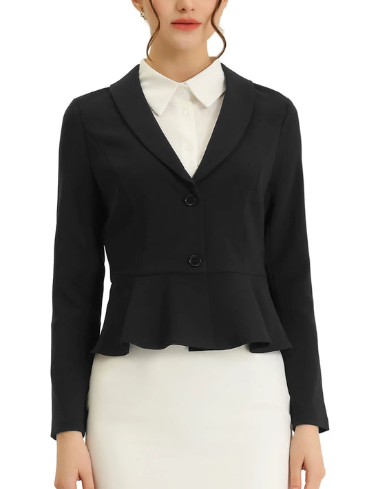 Work Short Blazer for Women'S Lapel Collar Long Sleeve Ruffle Casual Office Jacket M Black
