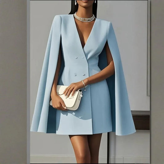 Women Elegant Solid Color V-Neck Double-Breasted Cape Suit Skirt Party Banquet Dress