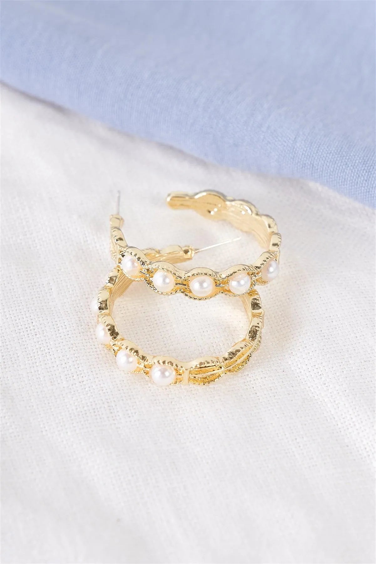 Boho Gold Pearl Scalloped Huggie Hoop Earrings
