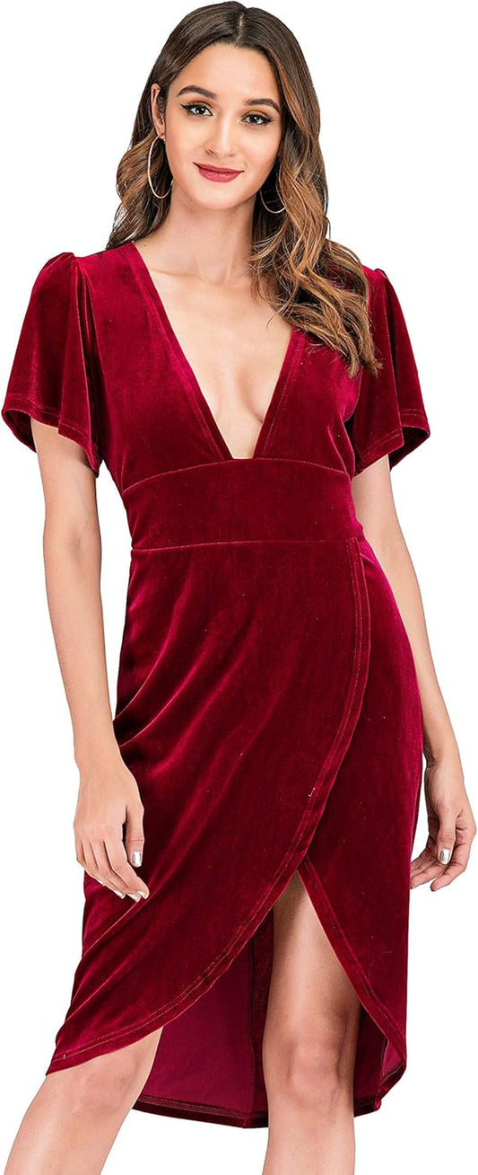 Womens Velvet Elegant Deep V Neck Short Sleeve High Low Midi Dresses