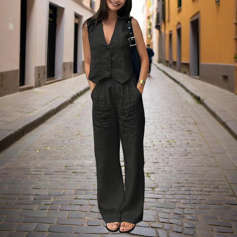 Women Solid Color V-Neck Vest Two-Piece Set Button Front Vest Top with Pocket Pants for Spring & Summer Casual Outfit