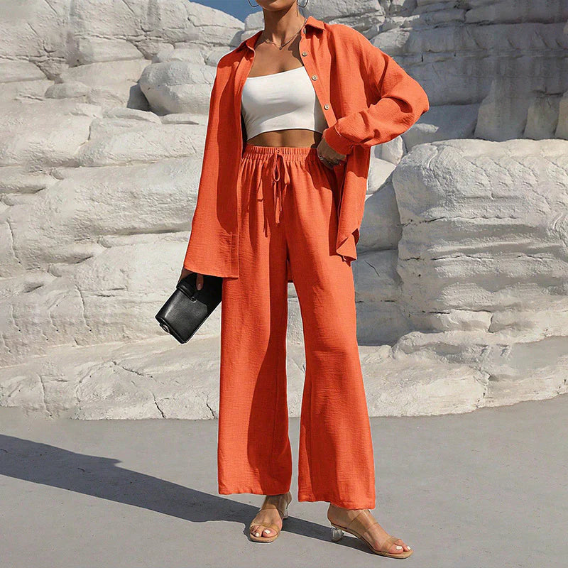 Women Solid Color Lapel Long Sleeve Pants Set - Button-Up Casual Two-Piece Outfit with Drawstring Waist, Spring&Fall Lounge Wear