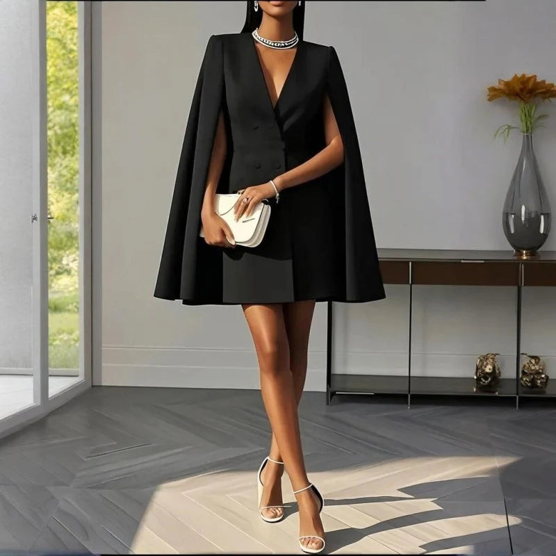 Women Elegant Solid Color V-Neck Double-Breasted Cape Suit Skirt Party Banquet Dress
