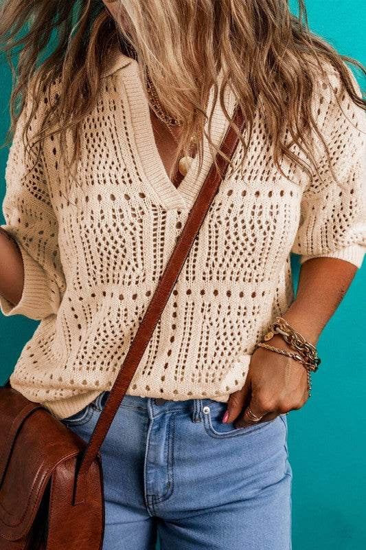 Loretta Turn-Down Collar Hollowed Knit Short Sleev