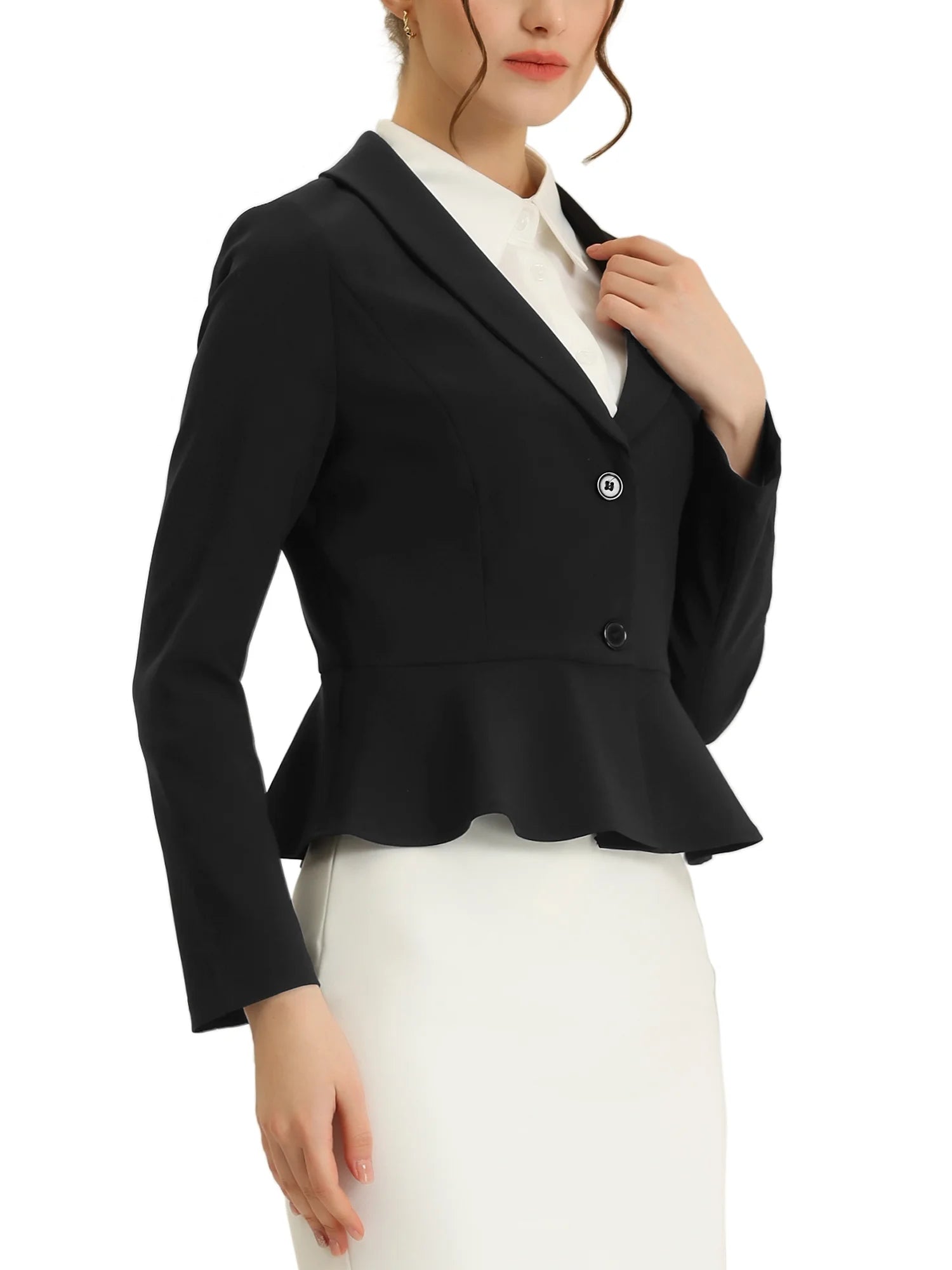 Work Short Blazer for Women'S Lapel Collar Long Sleeve Ruffle Casual Office Jacket M Black