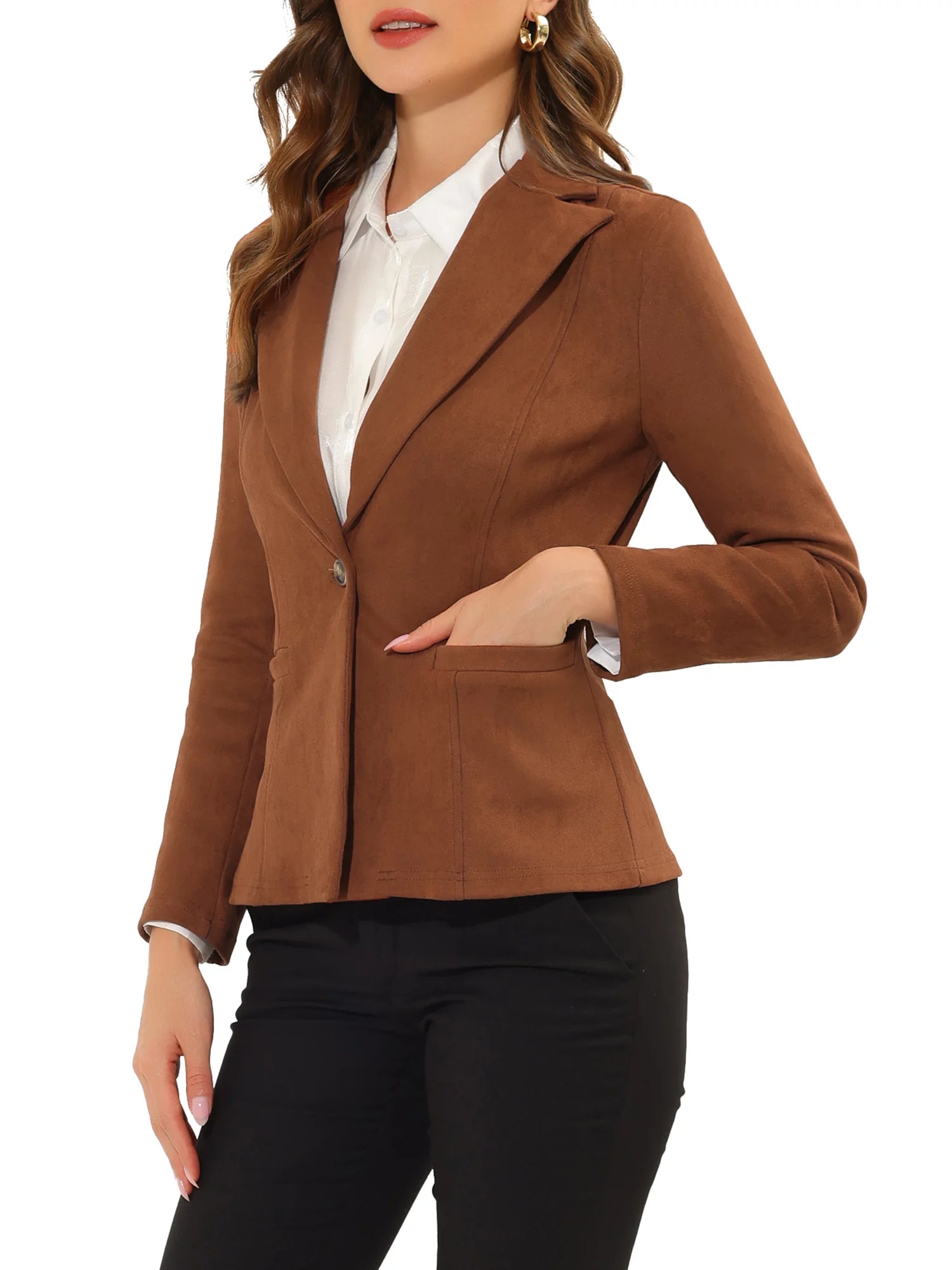Faux Suede Casual Blazer for Women'S Lapel Collar Long Sleeve Work Office Jacket L Caramel