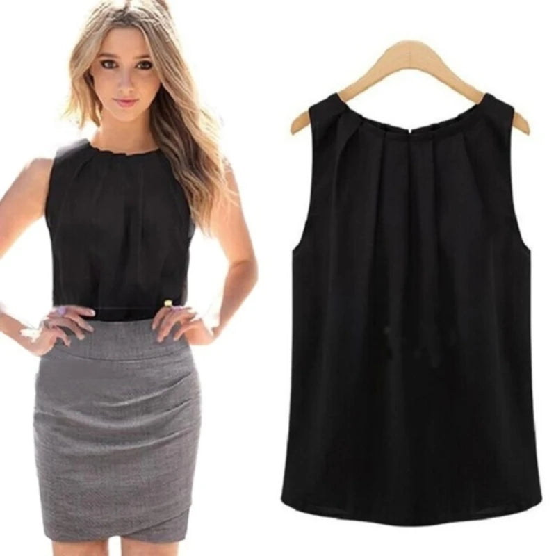 Blouse Women Fashion Sleeveless round Neck Chiffon Blouse Cheap Cloth Korean Hot Sale Vestidos 2023 New Summer Blouse