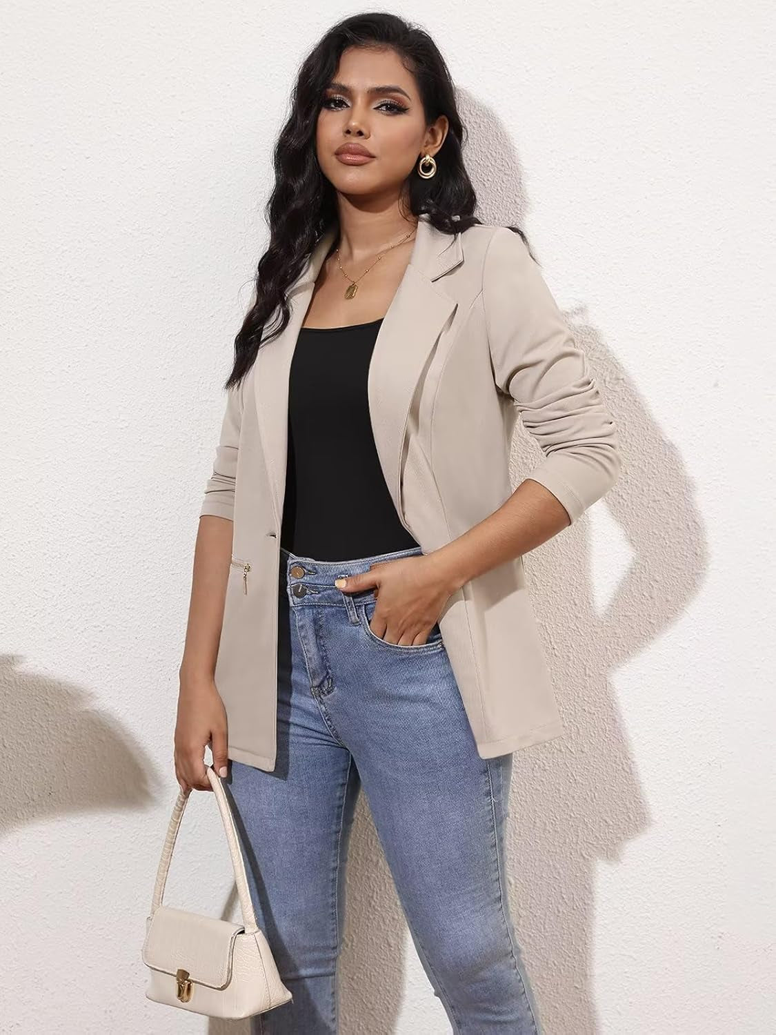 Women'S Long Sleeve Blazer Open Front Cardigan Jacket Work Office Blazer with Zipper Pockets S-3XL
