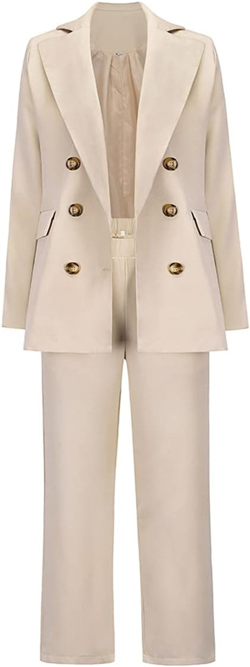 Women'S 2 Piece Suits Set Open Front Long Sleeve Blazer Jackets Outfits and Elastic Waist Solid Pant Set Suit Apricot