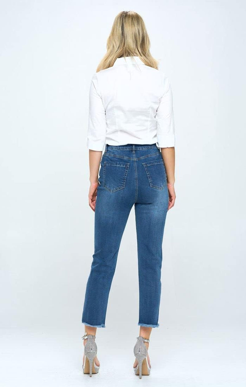 Women'S High Rise Slim Straight Stretch Jeans Frayed Hem Denim (JP1144H,DK,9)