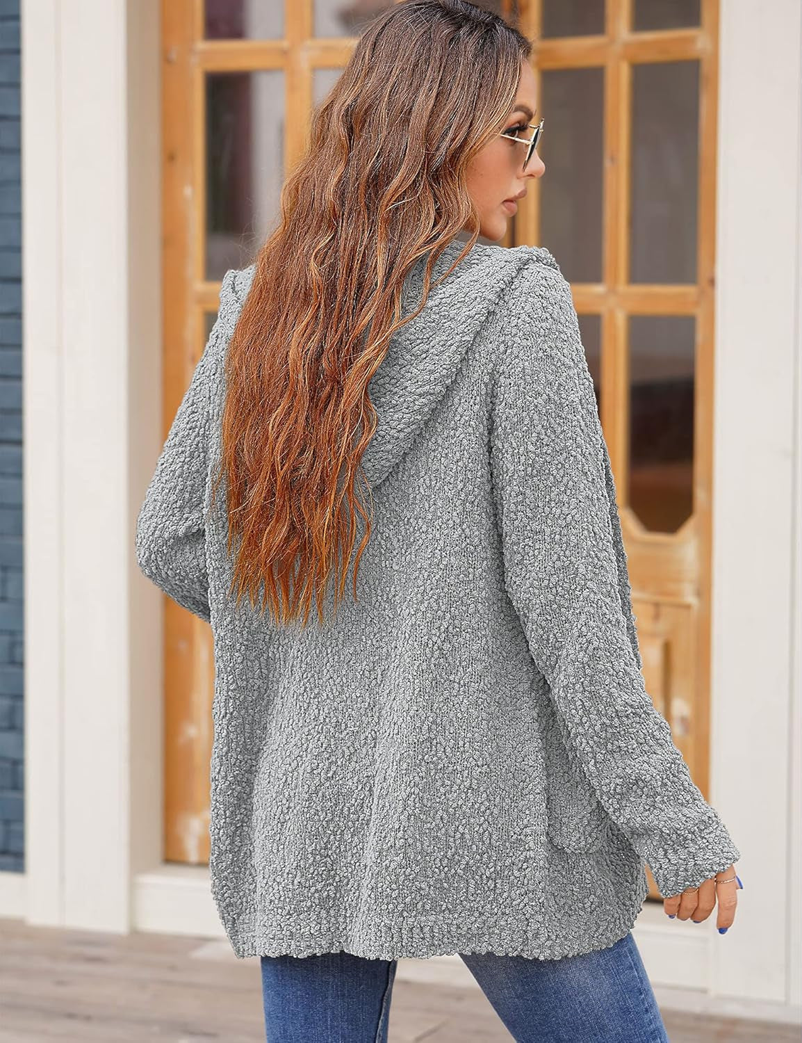 Women'S Hooded Oversized Popcorn Cardigans Button Fuzzy Knit Sweaters Coat